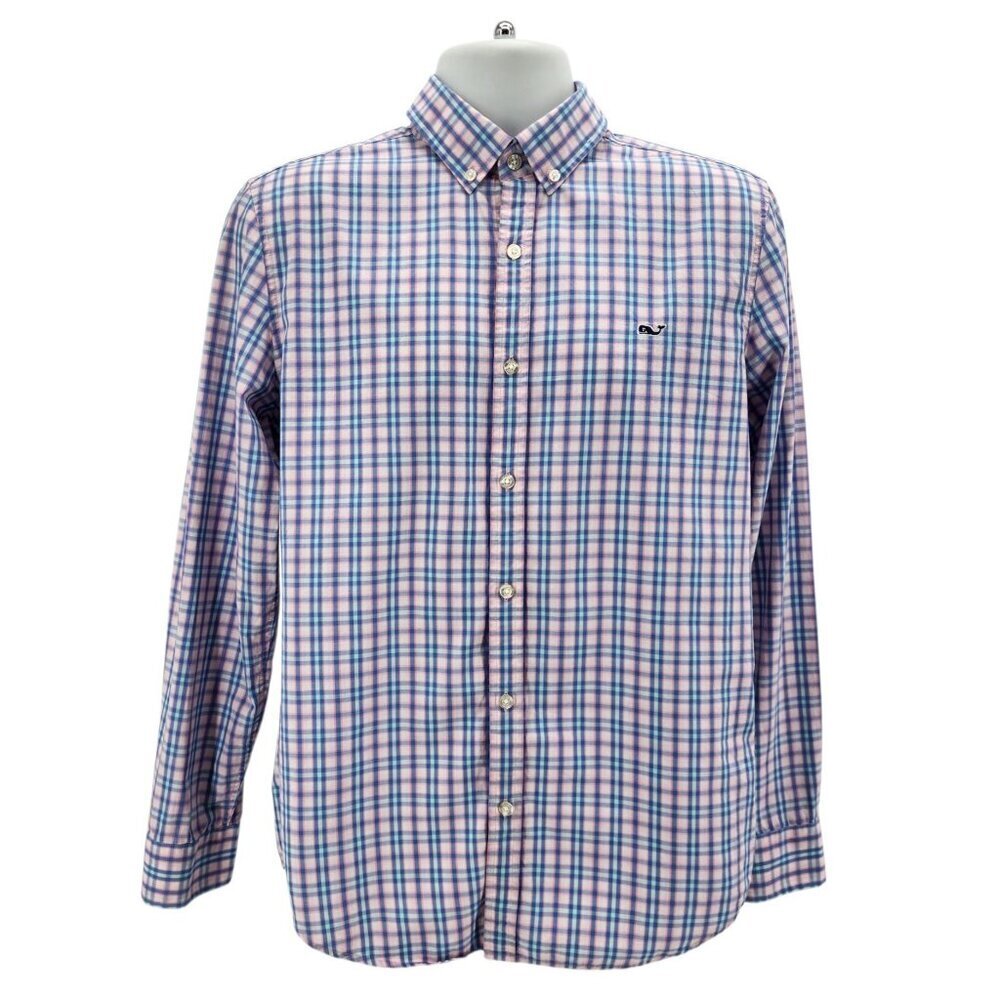 Vineyard Vines Mens Medium Whale Shirt Slim Fit Pink Aqua Blue Check Plaid Logo